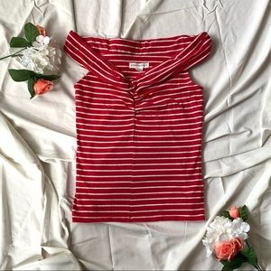 Red and white striped off the shoulder shirt